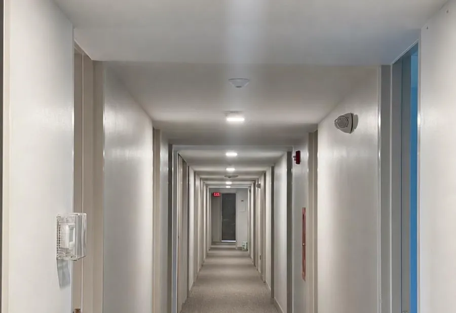 Clean corridor with white painted walls and recessed lighting