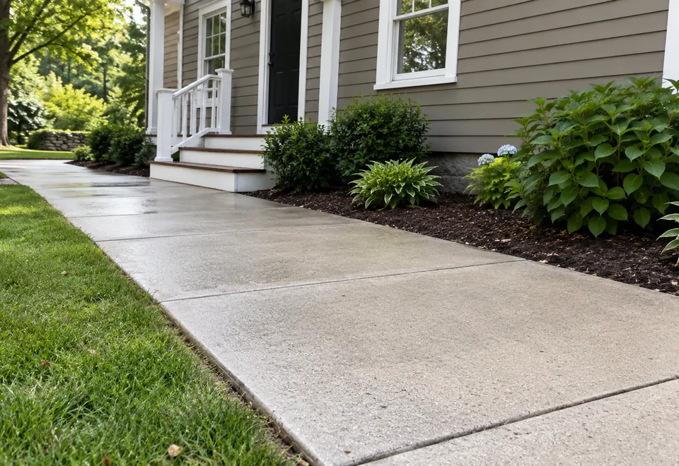 AI-generated illustration of a clean concrete walkway beside a home